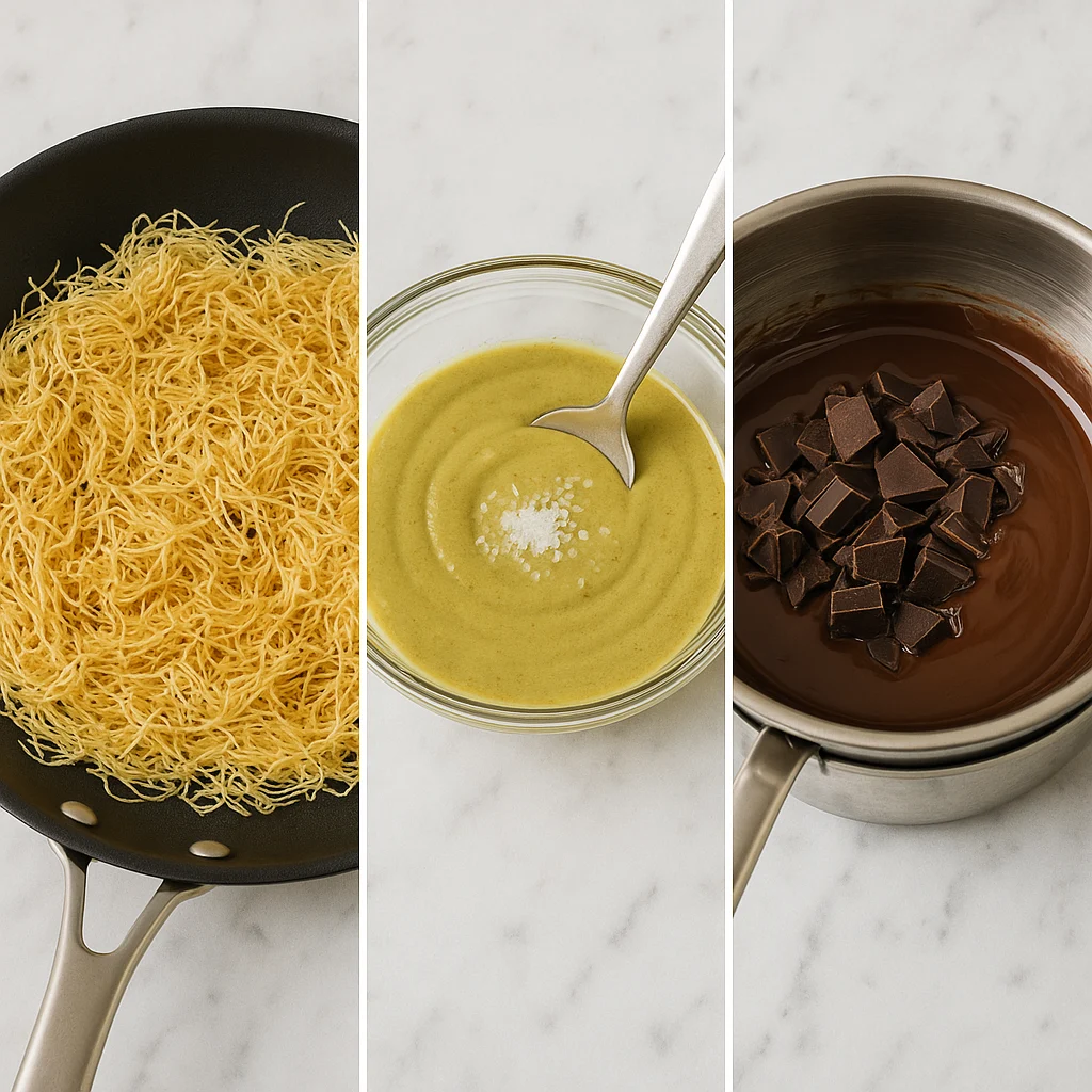 Three-step image showing kataifi dough toasting in a skillet, pistachio-tahini filling being mixed in a bowl, and chocolate melting in a double boiler on a marble countertop.
