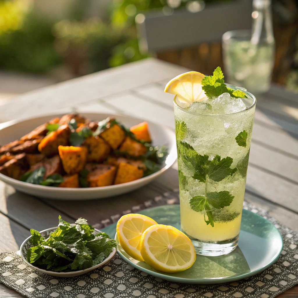 served-lemon-balm-drink-patio.webp Chilled lemon balm drink for weight loss served with lemon and herbs and pair with roasted sweet potatoes and sautéed greens