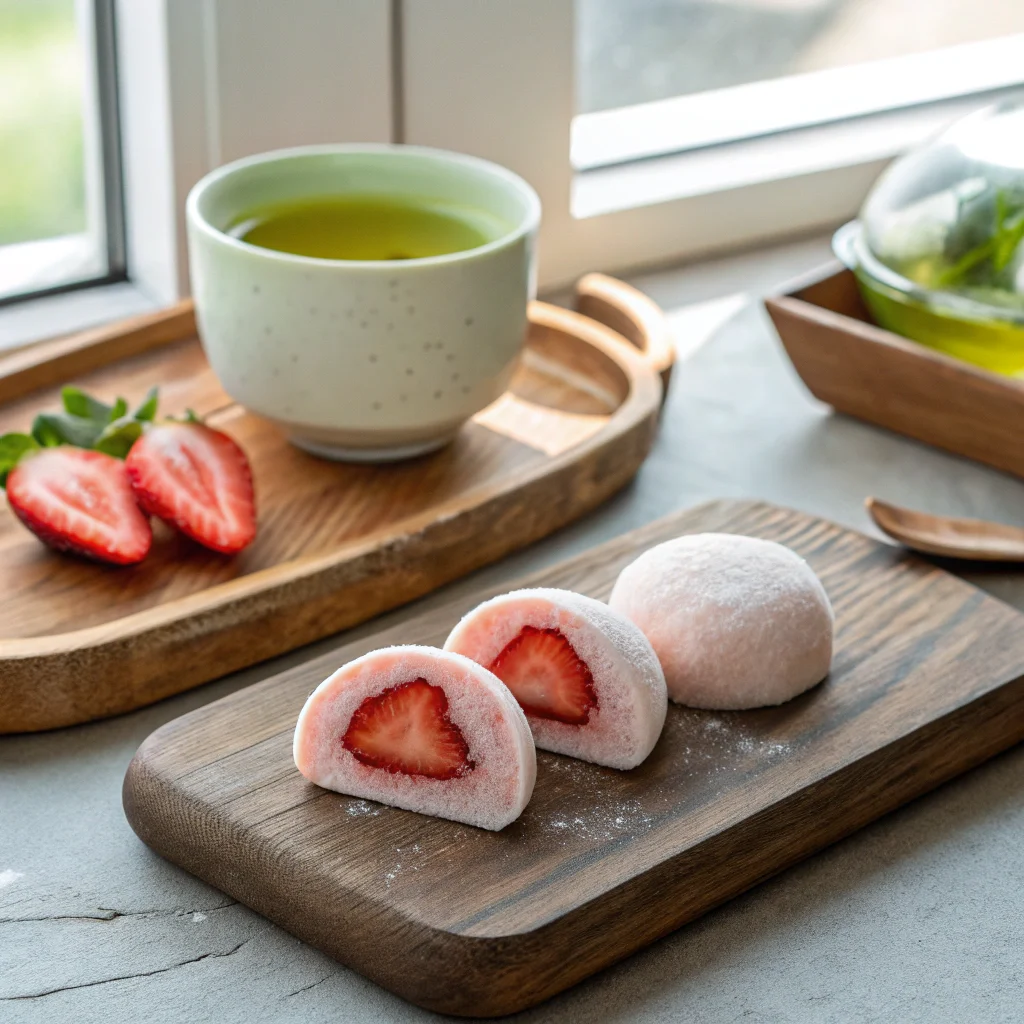 strawberry-mochi-recipe-serving.webp Served Strawberry Mochi with Green Tea