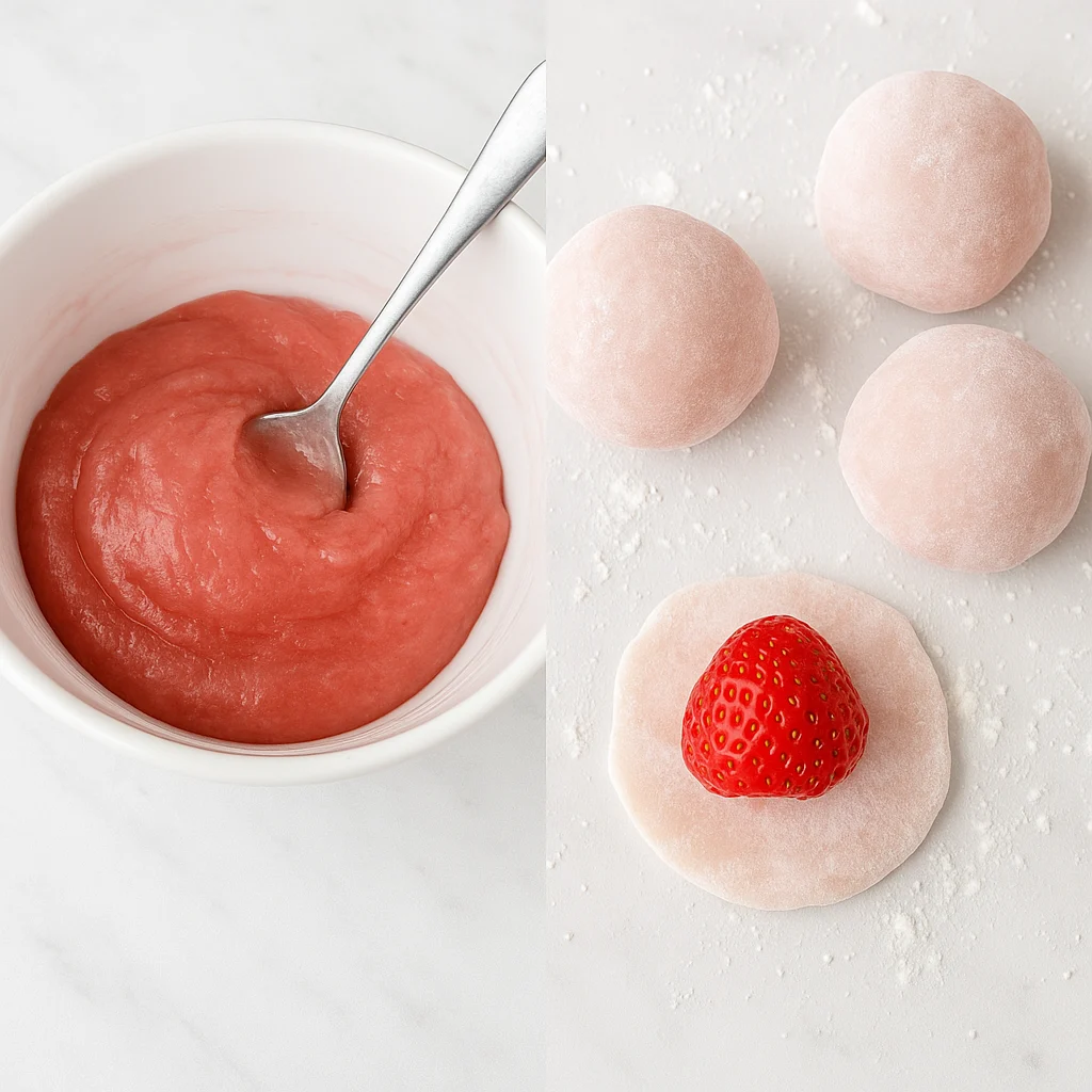 strawberry-mochi-recipe-steps2.webp Strawberry mochi dough after cooking, and strawberry being wrapped in flattened mochi on a starch-dusted marble counter.