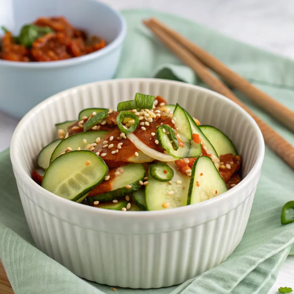 TikTok cucumber salad recipe in glass bowl with sesame seeds and scallions