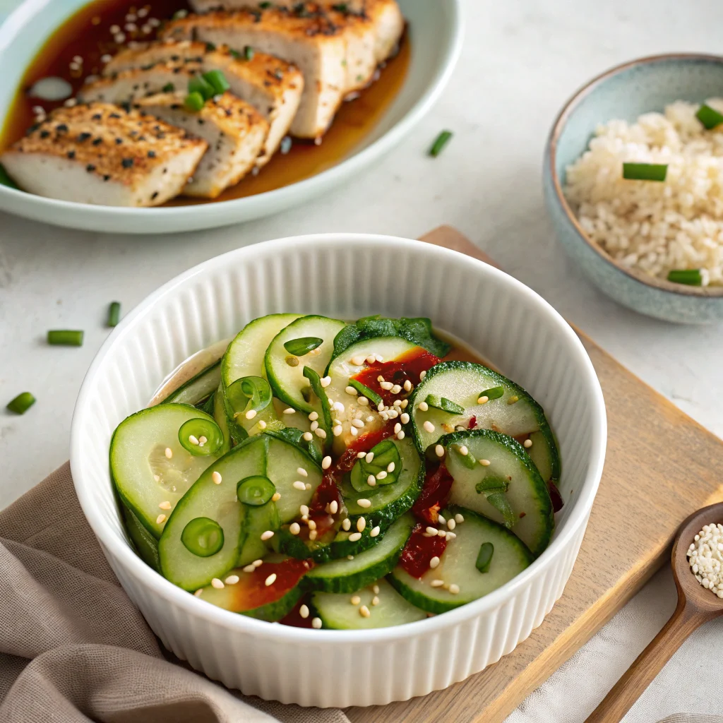 tiktok-cucumber-salad-serving.webp TikTok cucumber salad served with grilled chicken and rice