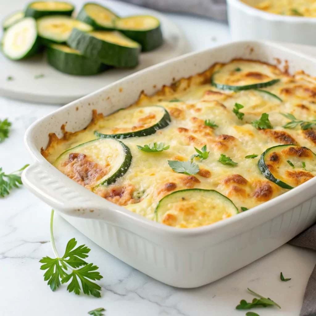 Cheesy zucchini casserole baked with golden cheese and fresh herbs