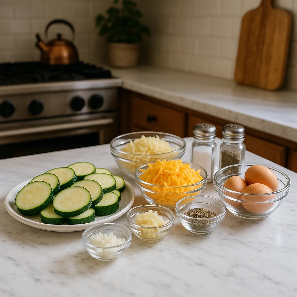 Ingredients for cheesy zucchini casserole on a marble countertop