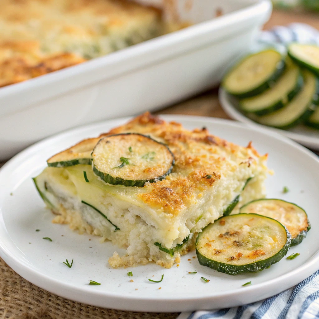 A hot slice of cheesy zucchini casserole on a plate
