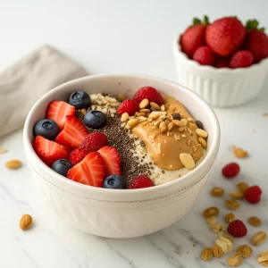 High protein yogurt bowl without protein powder topped with berries and seeds