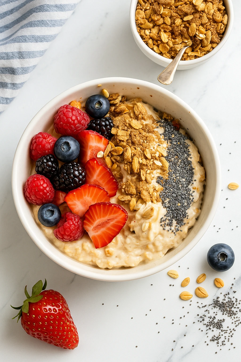 Served high protein yogurt bowl with toppings and spoon