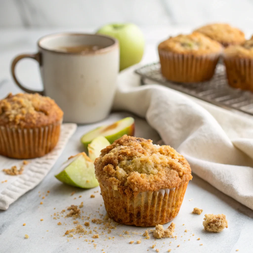 Low carb apple crumb muffins no sugar with golden crumb topping