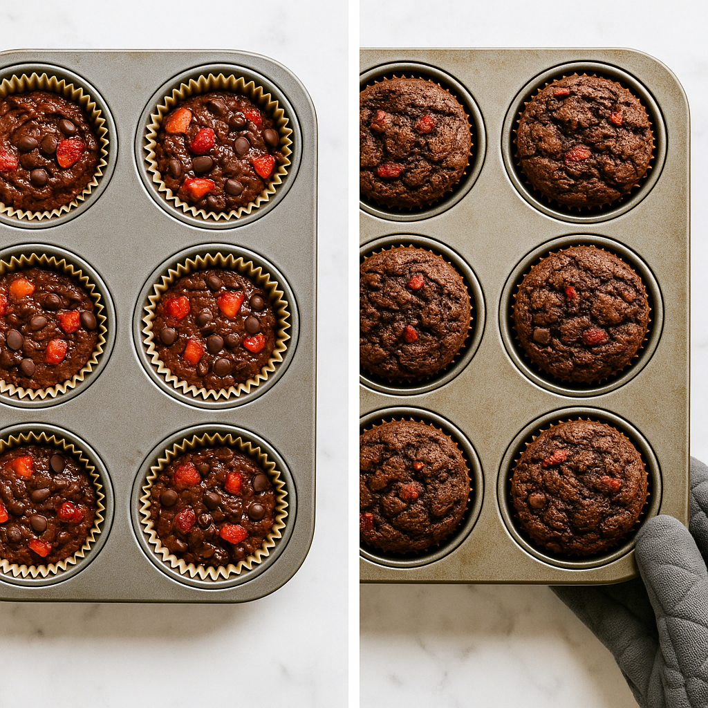 Filling muffin cups with chocolate strawberry batter and baking them