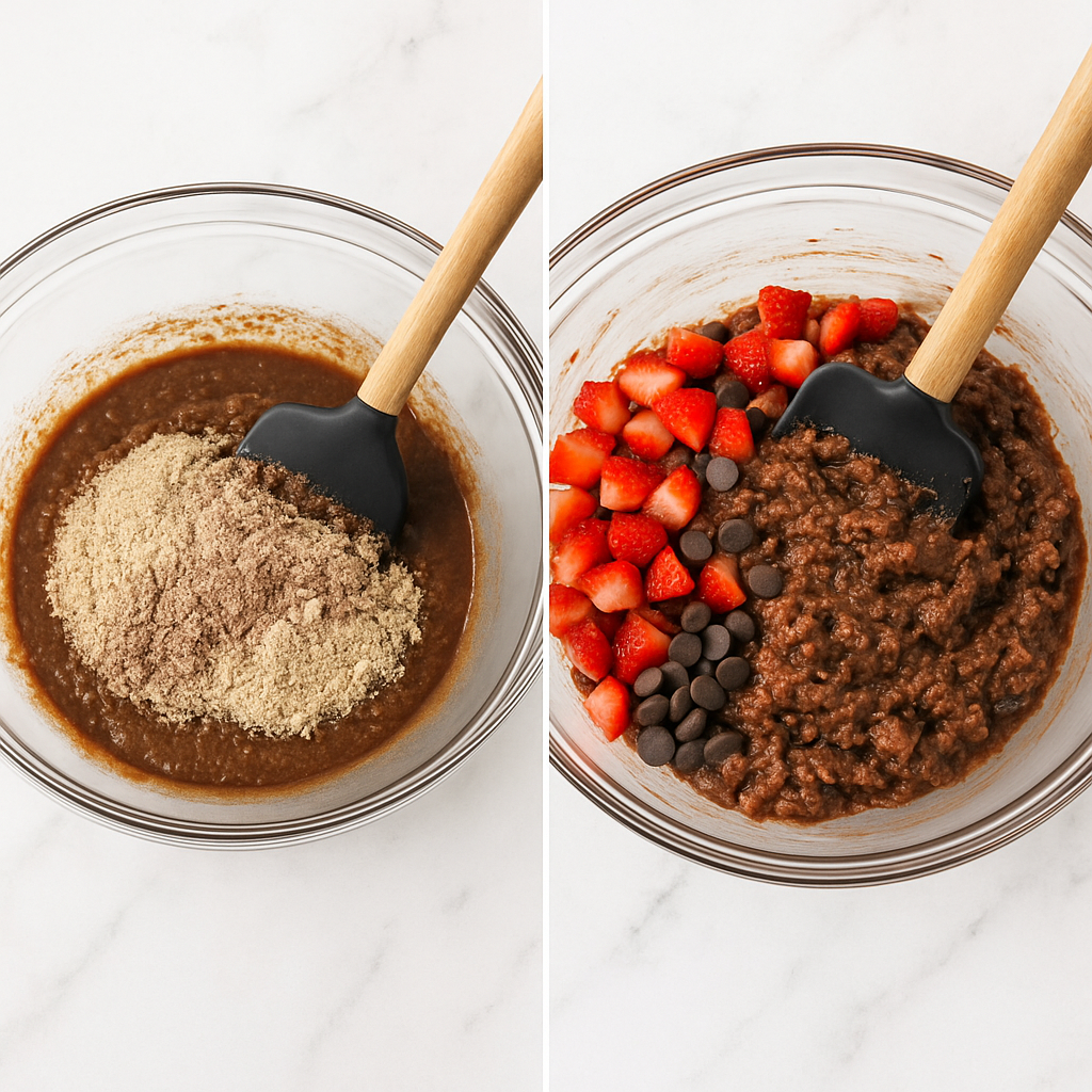 Mixing and folding strawberries and chocolate into low carb muffin batter