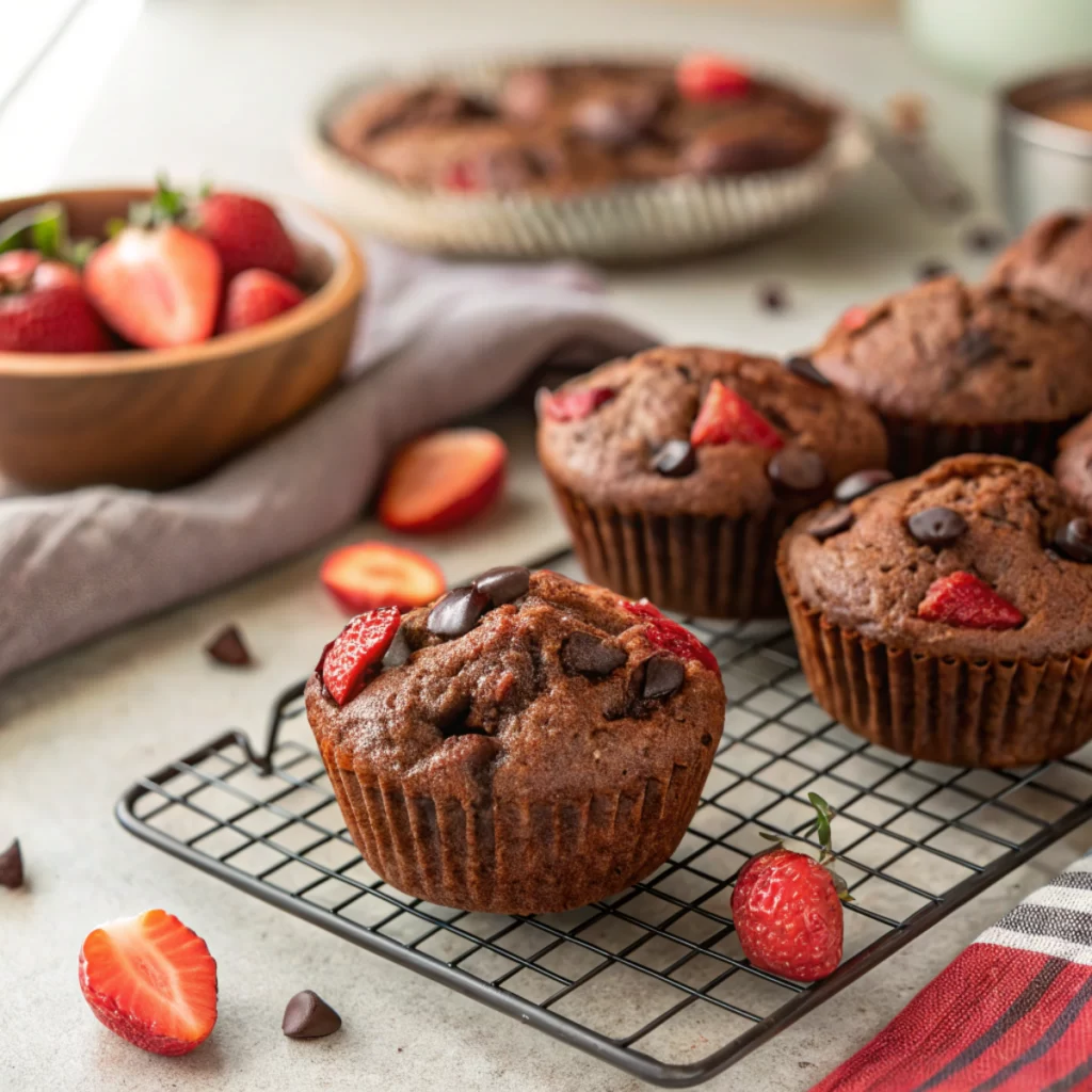Low carb chocolate strawberry muffins with strawberries and dark chocolate chips on cooling rack