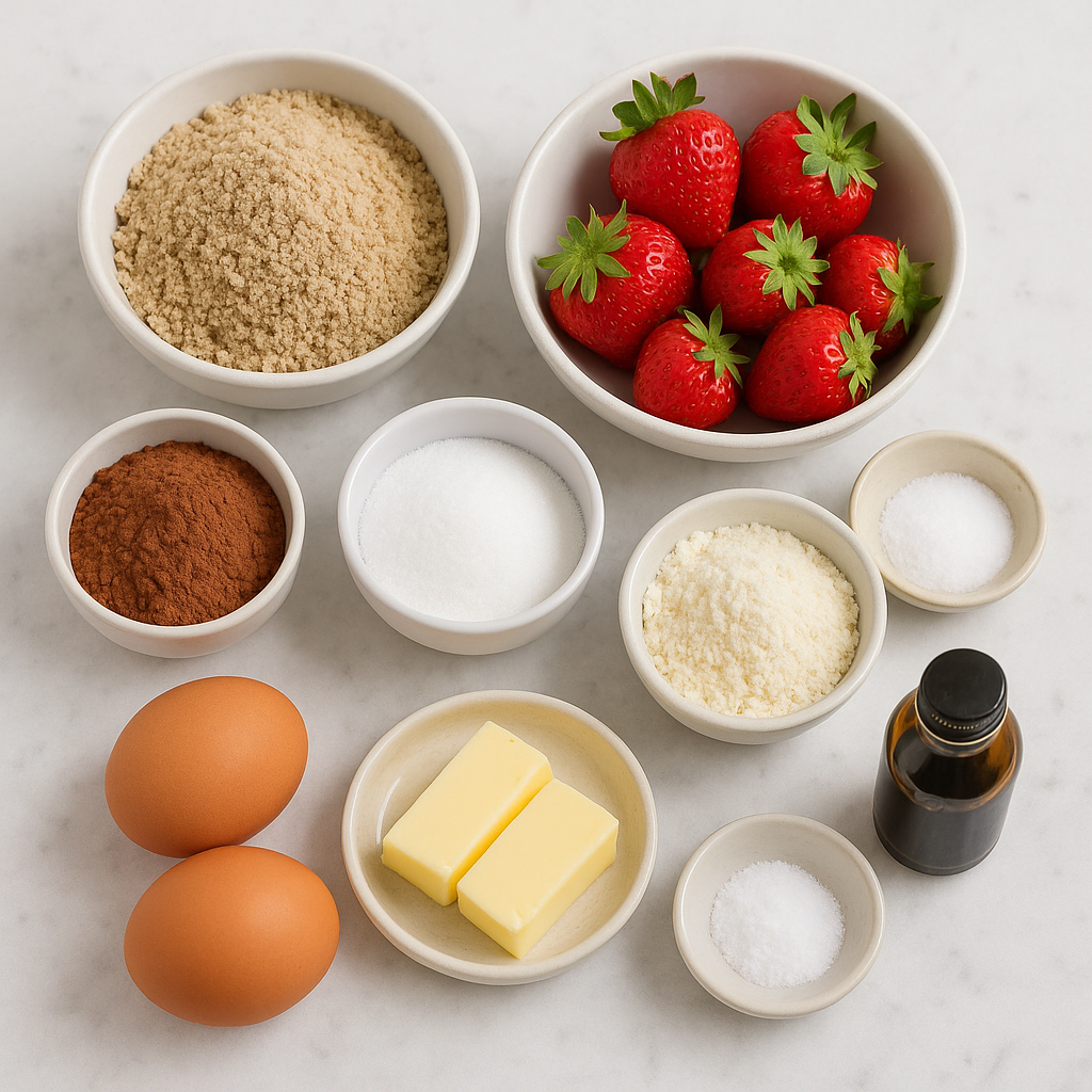 Ingredients for low carb chocolate strawberry muffins on white marble kitchen counter