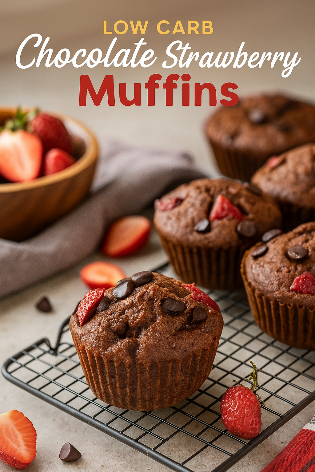 low-carb chocolate strawberry muffins visual for pinterest