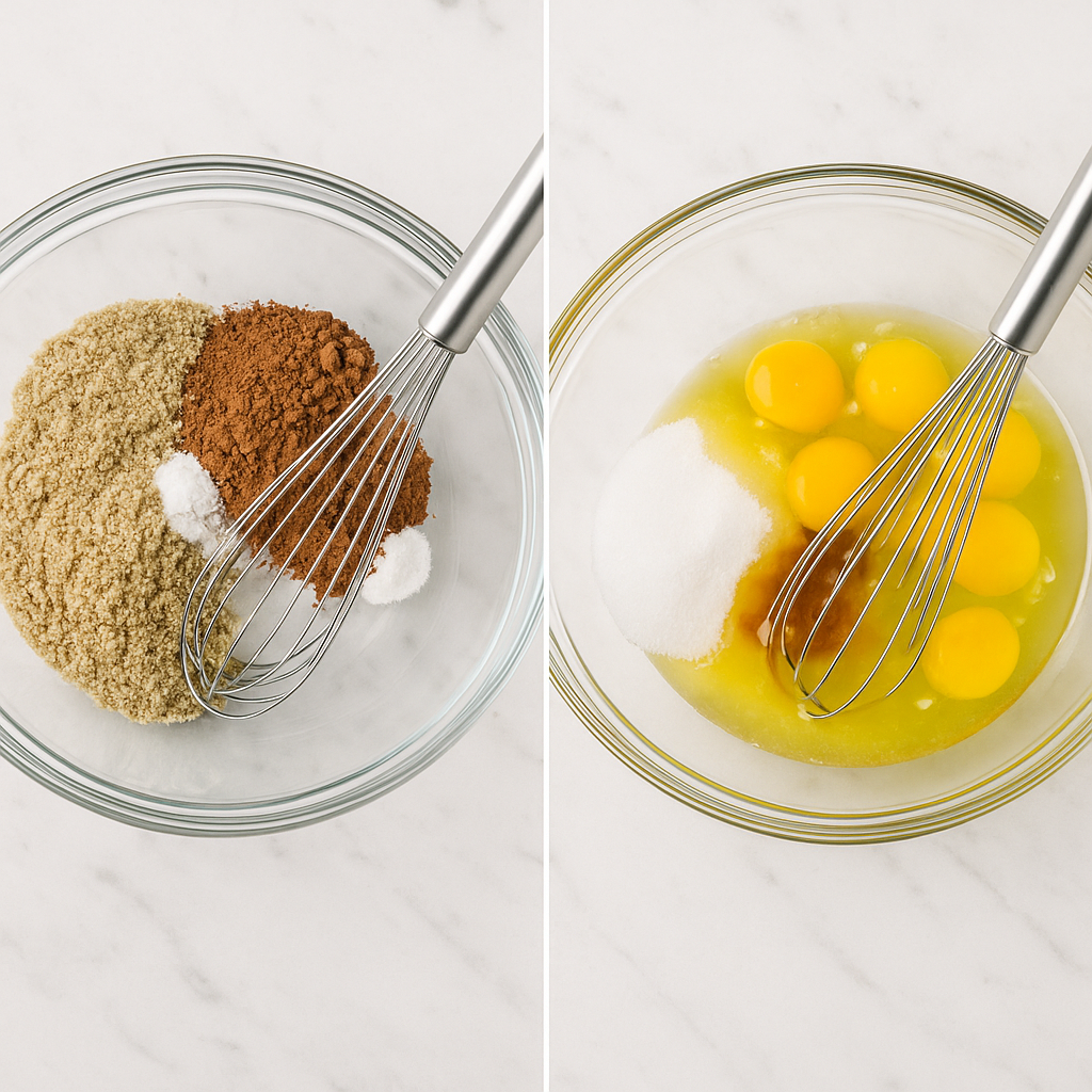 Mixing dry and wet ingredients for low carb chocolate strawberry muffins on a marble counter
