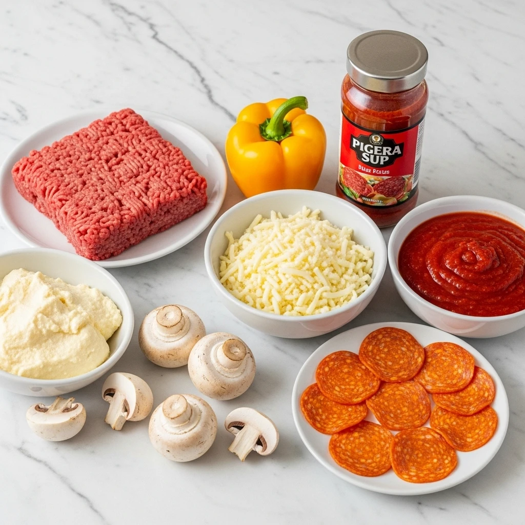 Ingredients for low carb crustless pizza bowl recipe displayed on wooden board