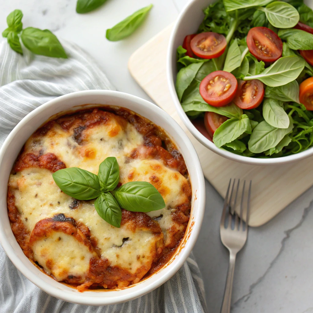 Served low carb crustless pizza bowl with fresh basil and keto salad side