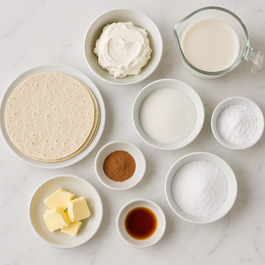 No-carb tortilla cinnamon rolls ingredients on white marble