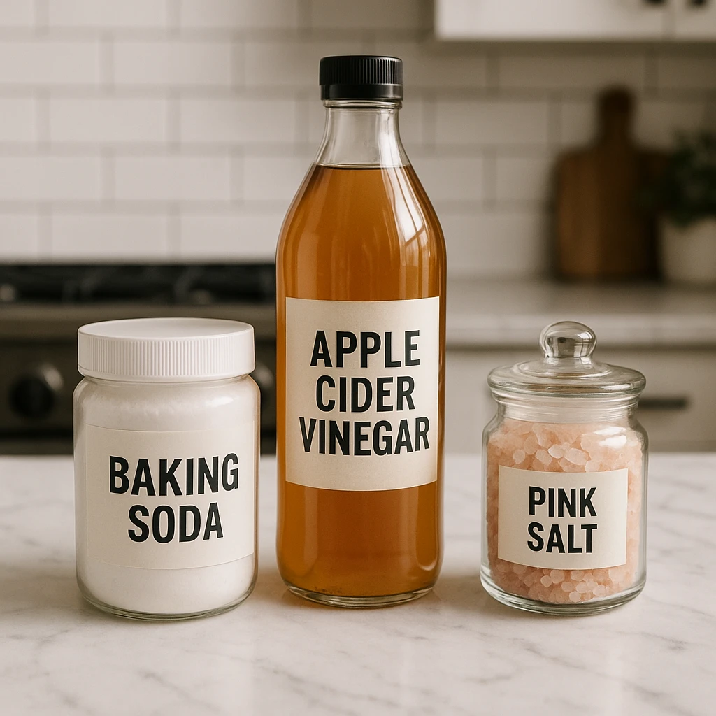Ingredients for vinegar, baking soda and pink salt recipe