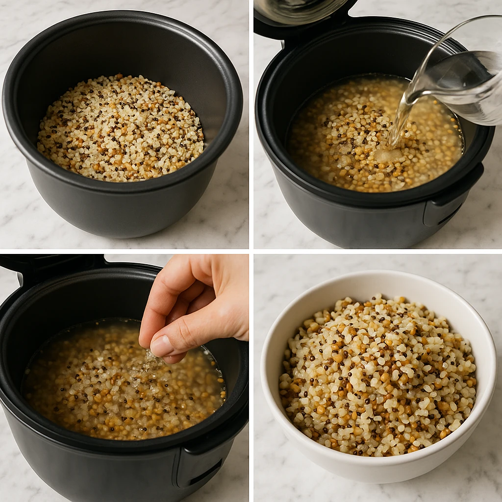 Rice cooker making lentil-quinoa white rice hack