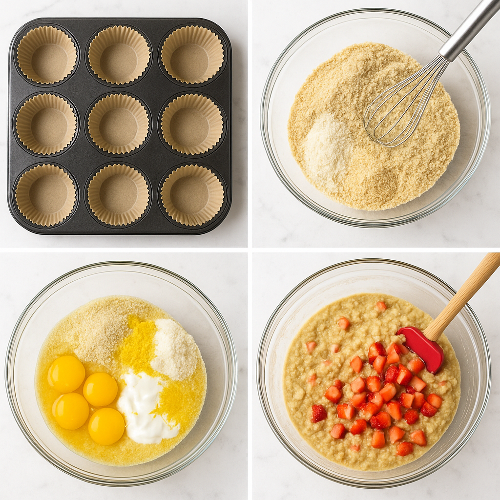 Four steps of making low-carb strawberry muffins shown on a white marble counter: lining the muffin tin, mixing dry ingredients, adding wet ingredients, and folding in chopped strawberries.