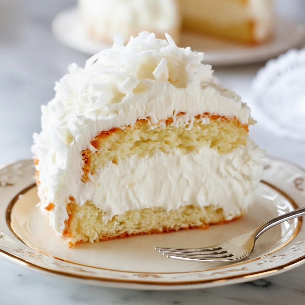 Fluffy Coconut Cloud Cake slice with creamy frosting