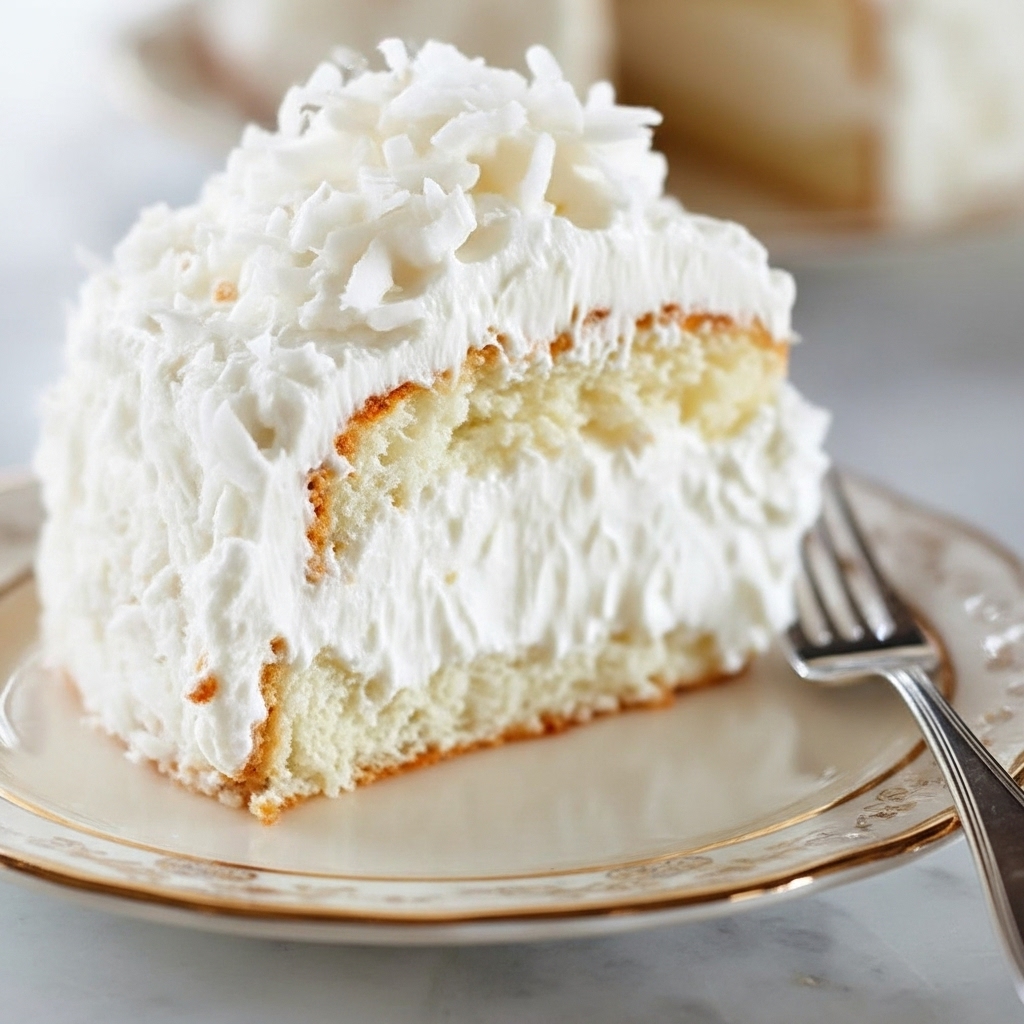 Coconut Cloud Cake on a stand with slice removed showing creamy layers